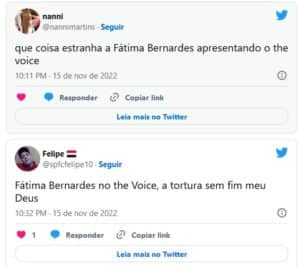 Não agradou? Fátima Bernardes causa espanto no público do The Voice na noite desta terça-feira (15): "Coisa estranha" (Foto: Reprodução / Twitter) Não agradou? Fátima Bernardes causa espanto no público do The Voice na noite desta terça-feira (15): "Coisa estranha" (Foto: Reprodução / Twitter)
