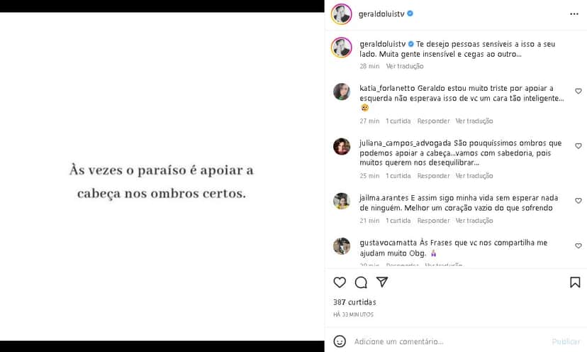 Geraldo Luís deixou mensagem reflexiva e surpreendeu seus seguidores (Foto: Reprodução) Geraldo Luís deixou mensagem reflexiva e surpreendeu seus seguidores (Foto: Reprodução)