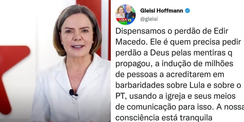 Gleisi Hoffmann não aceita pedido de desculpas de Edir Macedo e faz graves acusações (Reprodução: Twitter) Gleisi Hoffmann não aceita pedido de desculpas de Edir Macedo e faz graves acusações (Reprodução: Twitter)
