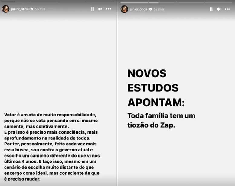 Junior Lima se posiciona sobre eleições e faz 'ataque' em relação a rompimento familiar com o tio famoso Junior Lima se posiciona sobre eleições e faz 'ataque' em relação a rompimento familiar com o tio famoso