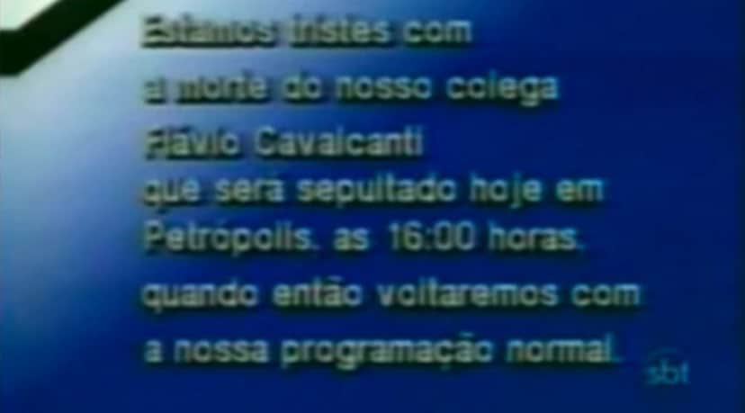 Mensagem de quando o SBT saiu do ar em memória ao saudoso Flávio Cavalcanti (Foto: Reprodução/YouTube/SBT) Mensagem de quando o SBT saiu do ar em memória ao saudoso Flávio Cavalcanti (Foto: Reprodução/YouTube/SBT)