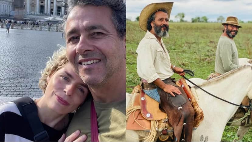 Marcos Palmeira e seu grande amor, Gabriela Gastal; ao lado, ele nos bastidores de Pantanal Marcos Palmeira e seu grande amor, Gabriela Gastal; ao lado, ele nos bastidores de Pantanal