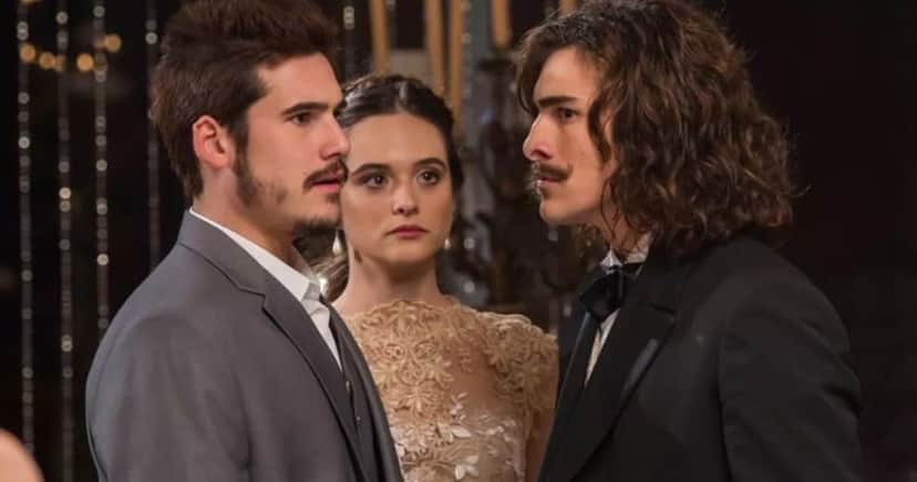 Nicolas Prattes, Juliana Paiva e Bruno Montaleone em cena de O Tempo Não Para (Divulgação/ Globo) Nicolas Prattes, Juliana Paiva e Bruno Montaleone em cena de O Tempo Não Para (Divulgação/ Globo)