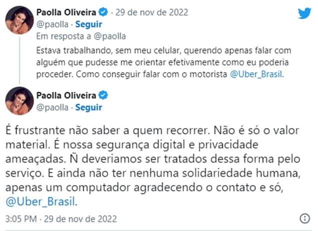 A atriz fez um longo desabafo pertinente para alertar os fãs e seguidores sobre o serviço e atendimento do aplicativo de carros (Reprodução) A atriz fez um longo desabafo pertinente para alertar os fãs e seguidores sobre o serviço e atendimento do aplicativo de carros (Reprodução)