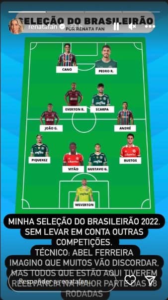 Seleção da apresentadora no Brasileirão de 2022 - Foto: Reprodução Seleção da apresentadora no Brasileirão de 2022 - Foto: Reprodução