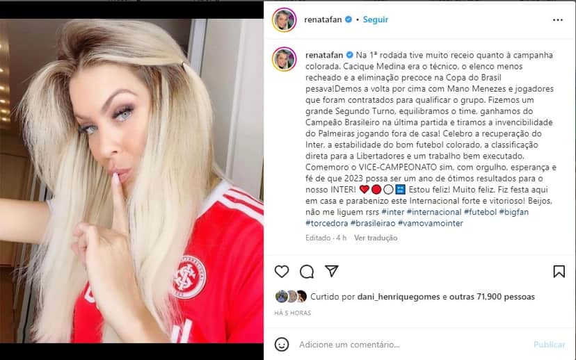 Renata Fan faz textão ao Internacional - Foto: Reprodução Renata Fan faz textão ao Internacional - Foto: Reprodução
