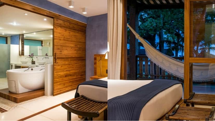 Quartos luxuosos do resort com suíte, banheira e varanda com rede Quartos luxuosos do resort com suíte, banheira e varanda com rede