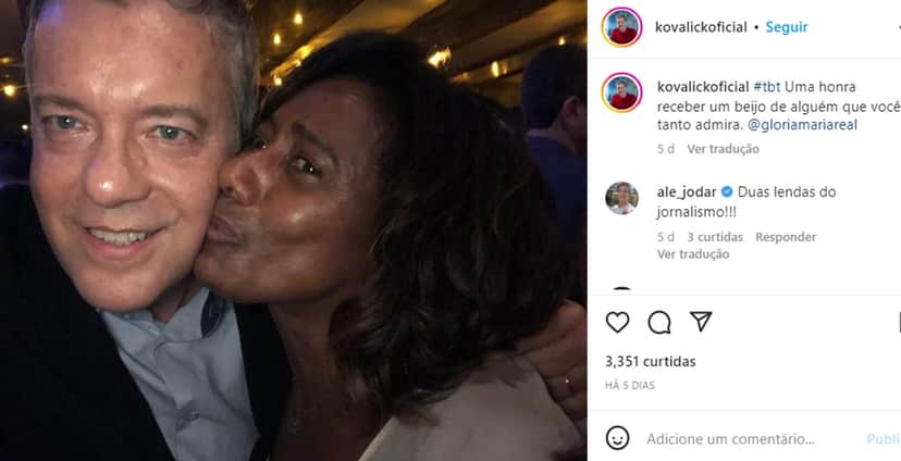 Roberto Kovalick surge recebendo beijo no rosto de Glória Maria, grande jornalista da Globo Roberto Kovalick surge recebendo beijo no rosto de Glória Maria, grande jornalista da Globo