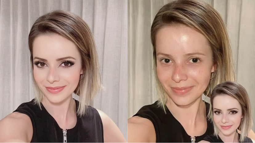 Sandy Leah com maquiagem e sem nenhuma make, uma criação digital de mago das edições Sandy Leah com maquiagem e sem nenhuma make, uma criação digital de mago das edições