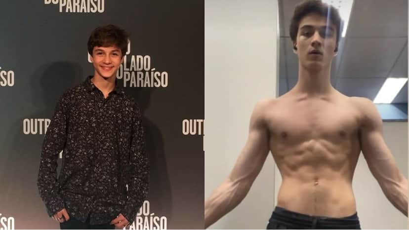 Vitor Figueiredo ainda criança em estreia de O Outro Lado do Paraíso e atualmente em vídeo na academia (Reprodução/ Instagram) Vitor Figueiredo ainda criança em estreia de O Outro Lado do Paraíso e atualmente em vídeo na academia (Reprodução/ Instagram)