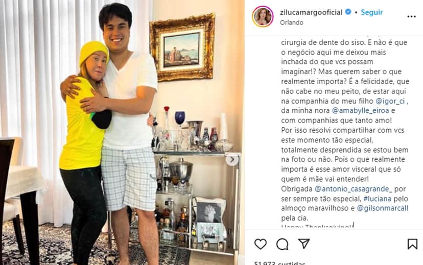 Zilu revelou que passou por cirurgia no dente, está reclusa, mas celebra companhia da família (Reprodução/ Instagram) Zilu revelou que passou por cirurgia no dente, está reclusa, mas celebra companhia da família (Reprodução/ Instagram)