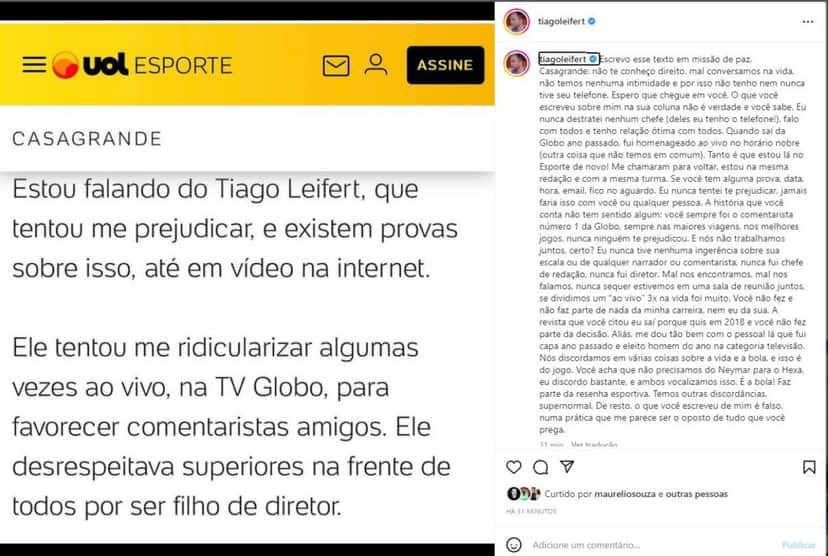 Tiago Leifert publicou uma carta aberta em resposta a Walter Casagrande no Instagram- Foto: Reprodução
