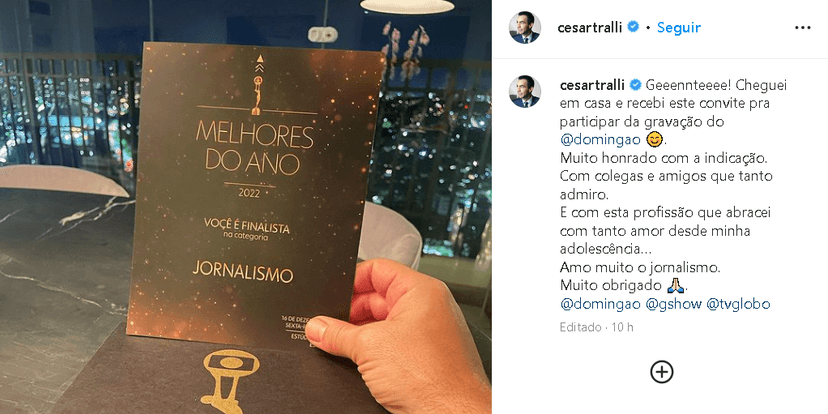Jornalista Cesar Tralli, esposo da Ticiane Pinheiro, expôs nas redes sociais uma cartinha que recebeu da Globo e Roberto Justus se manifestou - Foto Reprodução Instagram