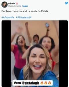 A Fazenda 14 - Deolane Bezerra grita até ficar rouca e vibra com saída de Pétala Barreiros: "Vem para o mundão" (Foto: Reprodução / Instagram) A Fazenda 14 - Deolane Bezerra grita até ficar rouca e vibra com saída de Pétala Barreiros: "Vem para o mundão" (Foto: Reprodução / Instagram)