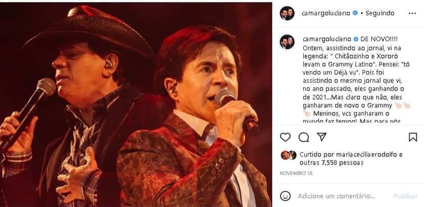 Luciano Camargo fez questão de parabenizar Chitãozinho e Xororó (Foto: Reprodução/ Instagram) Luciano Camargo fez questão de parabenizar Chitãozinho e Xororó (Foto: Reprodução/ Instagram)