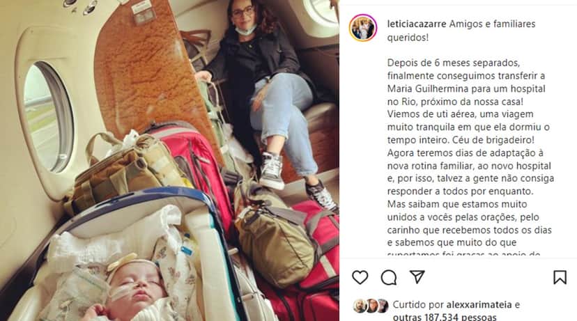Letícia Cazarré mostra filha sendo transportada para o RJ em UTI aérea e agradece a todos pelo apoio Letícia Cazarré mostra filha sendo transportada para o RJ em UTI aérea e agradece a todos pelo apoio