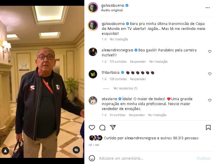 Galvão Bueno falou de sua despedida (Foto: Reprodução/ Instagram) Galvão Bueno falou de sua despedida (Foto: Reprodução/ Instagram)