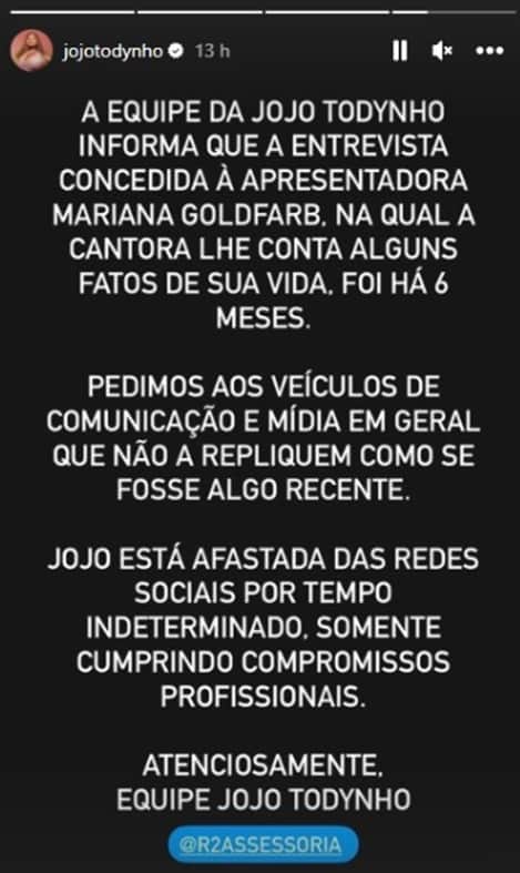 Equipe da artista emite nota em seu nome e faz pedido à imprensa Equipe da artista emite nota em seu nome e faz pedido à imprensa