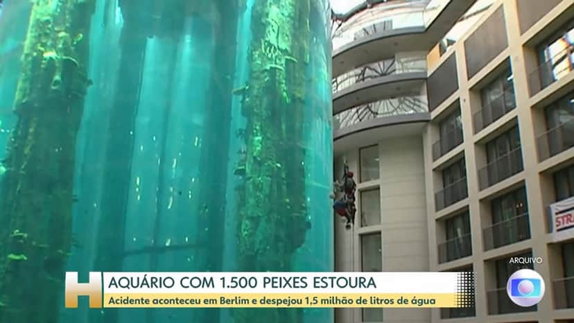 O maior aquário cilíndrico do mundo estourou na Alemanha, mostrou o Jornal Hoje (Foto: Reprodução / TV Globo) O maior aquário cilíndrico do mundo estourou na Alemanha, mostrou o Jornal Hoje (Foto: Reprodução / TV Globo)