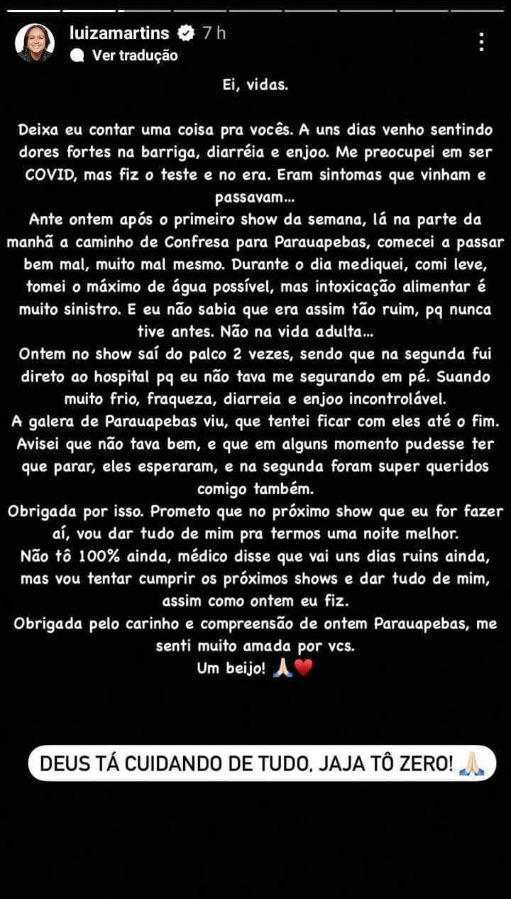 Cantora fez comunicado em suas redes sociais sobre o ocorrido Cantora fez comunicado em suas redes sociais sobre o ocorrido