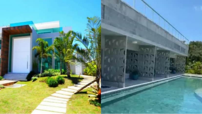 Entrada do palácio de Glória Pires com porta absurda e piscina cinematográfica (Foto: Reprodução/ Montagem) Entrada do palácio de Glória Pires com porta absurda e piscina cinematográfica (Foto: Reprodução/ Montagem)