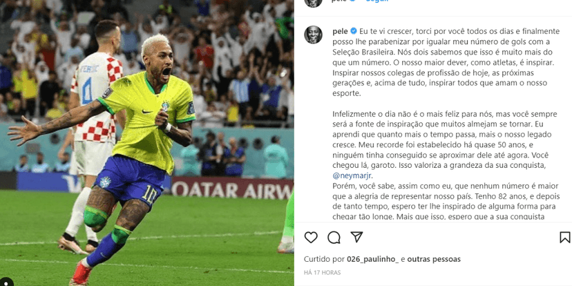 Pelé manda recado para Neymar após eliminação do Brasil na Copa do Mundo (Foto: Reprodução) Pelé manda recado para Neymar após eliminação do Brasil na Copa do Mundo (Foto: Reprodução)
