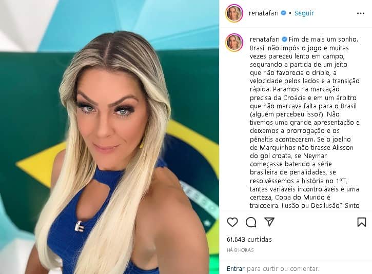 Renata Fan fez textão para falar sobre a derrota do Brasil Renata Fan fez textão para falar sobre a derrota do Brasil