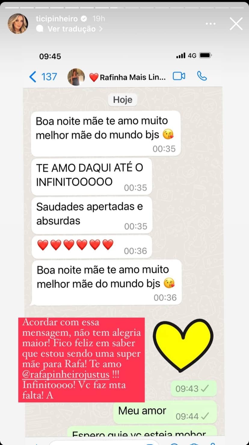 Por meio de suas redes sociais, Ticiane Pinheiro expõe mensagem que recebeu de Rafinha Justus e faz linda declaração de amor pública - Foto Reprodução Instagram Por meio de suas redes sociais, Ticiane Pinheiro expõe mensagem que recebeu de Rafinha Justus e faz linda declaração de amor pública - Foto Reprodução Instagram