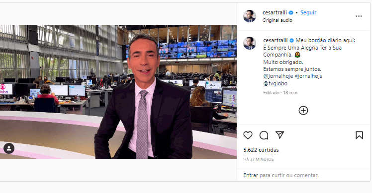 O âncora do Jornal Hoje, da Globo, César Trallli senta no meio da redação da atração jornalistica e confirma situação - Foto Reprodução O âncora do Jornal Hoje, da Globo, César Trallli senta no meio da redação da atração jornalistica e confirma situação - Foto Reprodução