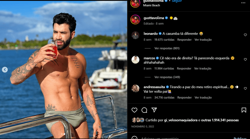 Postagem Original no Instagram evidenciando com comentários o "pacote" do artista (Foto Reprodução/Instagram) Postagem Original no Instagram evidenciando com comentários o "pacote" do artista (Foto Reprodução/Instagram)