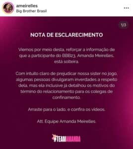 Perfil oficial do Instagram da sister se manifestou (Foto: Reprodução / Instagram) Perfil oficial do Instagram da sister se manifestou (Foto: Reprodução / Instagram)