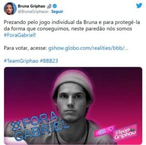 BBB23 - Equipe de Bruna faz mutirão para eliminar Gabriel: "Protegê-la" (Foto: Reprodução / Twitter) BBB23 - Equipe de Bruna faz mutirão para eliminar Gabriel: "Protegê-la" (Foto: Reprodução / Twitter)