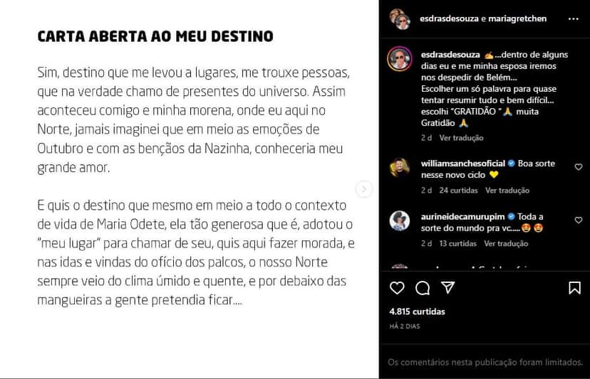 Carta aberta divulgada pelo marido de Gretchen nas redes sociais - Foto: Reprodução Carta aberta divulgada pelo marido de Gretchen nas redes sociais - Foto: Reprodução