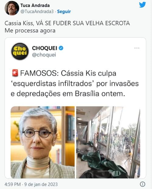 Tuca Andrade metralha Cássia kis após declarações da atriz - Foto; Reprodução Tuca Andrade metralha Cássia kis após declarações da atriz - Foto; Reprodução