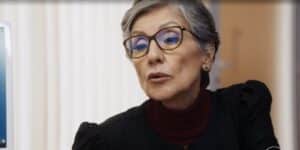 Cidália é uma personagem de Travessia que usa blusa azul escuro, tem cabelos curtos grisalhos, usa óculos de grau marrom e é branca Cidália é uma personagem de Travessia que usa blusa azul escuro, tem cabelos curtos grisalhos, usa óculos de grau marrom e é branca