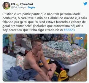 BBB23 - Key se revolta com cabeça fraca de Cristian (Foto: Reprodução / Twitter) BBB23 - Key se revolta com cabeça fraca de Cristian (Foto: Reprodução / Twitter)