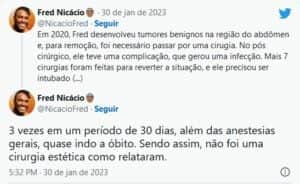 BBB23 - Equipe de Fred Nicácio desmente cirurgia estética e faz relato chocante de tumor (Foto: Reprodução / Twitter) BBB23 - Equipe de Fred Nicácio desmente cirurgia estética e faz relato chocante de tumor (Foto: Reprodução / Twitter)