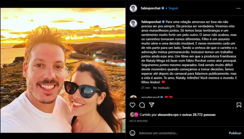 Fábio Porchat divulga textão após fim do casamento com Nataly Mega - Foto: Reprodução Fábio Porchat divulga textão após fim do casamento com Nataly Mega - Foto: Reprodução