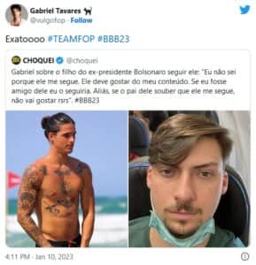 BBB23 - Gabriel expõe relação com filho de Bolsonaro: "Quem não deve não teme" (Foto: Reprodução / Twitter) BBB23 - Gabriel expõe relação com filho de Bolsonaro: "Quem não deve não teme" (Foto: Reprodução / Twitter)