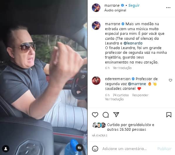 Marrone, da dupla com Bruno, fez uma citação ao irmão morto de Leonardo (Foto: Reprodução) Marrone, da dupla com Bruno, fez uma citação ao irmão morto de Leonardo (Foto: Reprodução)