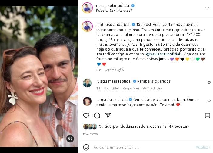 Mateus Solano se derreu por Paula Braun, seu grande amor - Foto: Reprodução/ Instagram Mateus Solano se derreu por Paula Braun, seu grande amor - Foto: Reprodução/ Instagram
