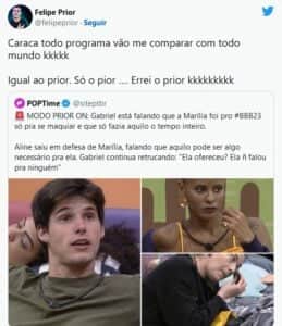 Prior debochou de Gabriel do BBB23 (Foto: Reprodução / Twitter) Prior debochou de Gabriel do BBB23 (Foto: Reprodução / Twitter)