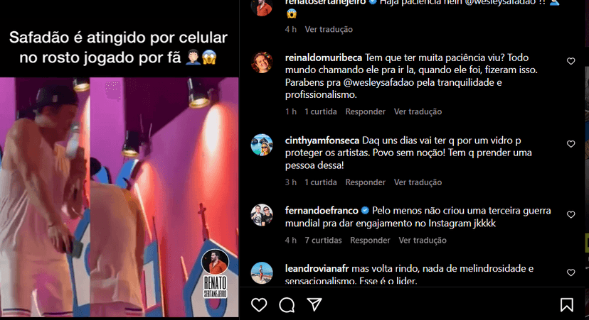 Público se revolta nas redes sociais com a imagem de Wesley Safadão sendo atingido por celular em show no carnaval (Foto Reprodução/Instagram) Público se revolta nas redes sociais com a imagem de Wesley Safadão sendo atingido por celular em show no carnaval (Foto Reprodução/Instagram)