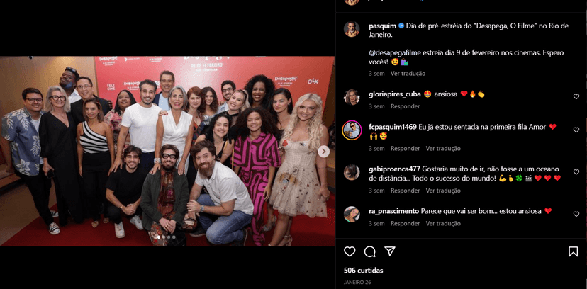 Publicação de Marcos Pasquim no Instagram divulgando a pré estreia do filme "Desapega" em que ele elenca (Foto Reprodução/Instagram) Publicação de Marcos Pasquim no Instagram divulgando a pré estreia do filme "Desapega" em que ele elenca (Foto Reprodução/Instagram)