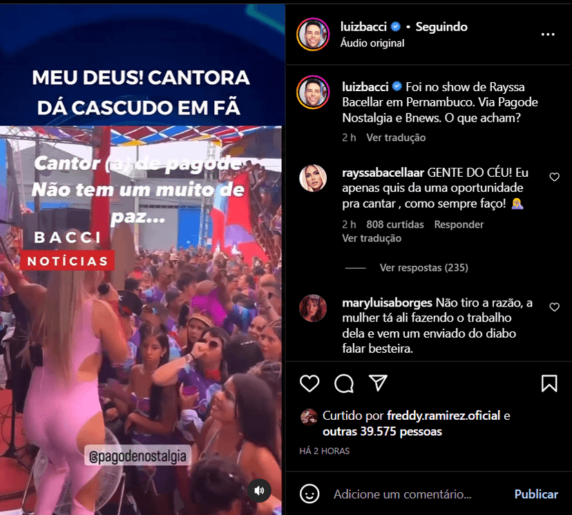 Publicação de Luiz Bacci mostrando o vídeo aonde a cantora Rayssa Bacellar surge dando um cascudo em fã com microfone (Foto Reprodução/Instagram) Publicação de Luiz Bacci mostrando o vídeo aonde a cantora Rayssa Bacellar surge dando um cascudo em fã com microfone (Foto Reprodução/Instagram)