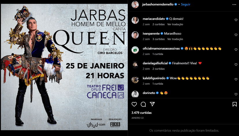 Jarbas Homem de Mello estava em cartaz em São Paulo e divulgou pelas redes sociais (Foto Reprodução/Instagram) Jarbas Homem de Mello estava em cartaz em São Paulo e divulgou pelas redes sociais (Foto Reprodução/Instagram)