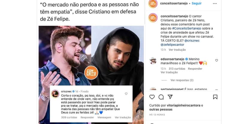 Cristiano mostra apoio para Zé Felipe, após ataques por conta de show (Foto: Reprodução / Instagram) Cristiano mostra apoio para Zé Felipe, após ataques por conta de show (Foto: Reprodução / Instagram)