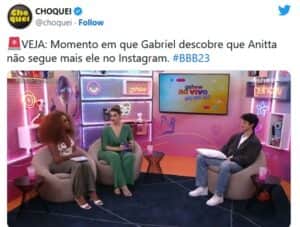 BBB23 - Gabriel descobre que Anitta não o segue mais e tem reação chocante (Foto: Reprodução / Twitter) BBB23 - Gabriel descobre que Anitta não o segue mais e tem reação chocante (Foto: Reprodução / Twitter)