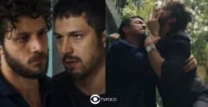 Travessia - Ari descobre que Oto é pai de Tonho e cai na porrada com o hacker (Foto: Reprodução / Globo / Montagem TV Foco) Travessia - Ari descobre que Oto é pai de Tonho e cai na porrada com o hacker (Foto: Reprodução / Globo / Montagem TV Foco)