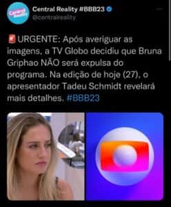 Urgente: BBB23 acaba de decidir se Bruna será expulsa do reality e Tadeu dará detalhes (Foto: Reprodução / Twitter) Urgente: BBB23 acaba de decidir se Bruna será expulsa do reality e Tadeu dará detalhes (Foto: Reprodução / Twitter)